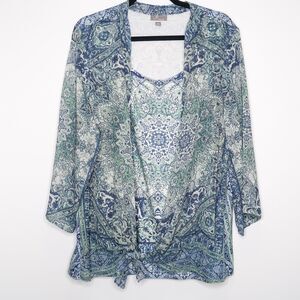JM Collection Womens‎ Blouse Size 3X Blue Floral Paisley Wrap Tie Waist Boho